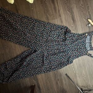 Floral Jumpsuit with Rose Pattern- Navy Blue Base.